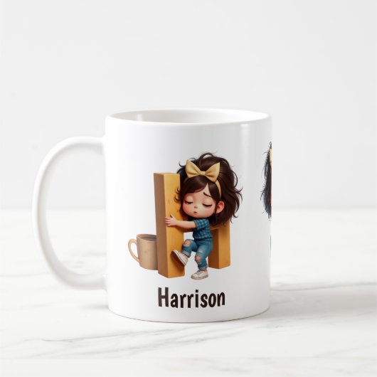 Personalized Name & H Sleepy Morning Plaid Charact コーヒーマグカップ (左)