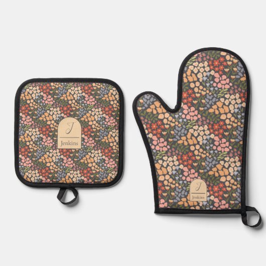 Personalized Name & Initial Floral  鍋つかみ&鍋敷きセット (正面)