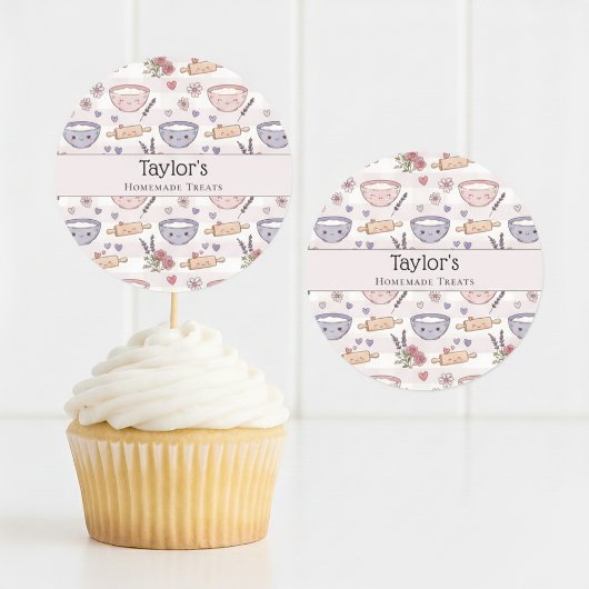 Personalized Name Kawaii Checkered Cupcake Topper ラウンドシール