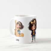 Personalized Name & L Sleepy Morning Plaid Charact コーヒーマグカップ (正面左)