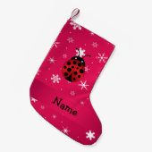 Personalized name ladybug pink snowflakes スモールクリスマスストッキング (正面 (吊り時))