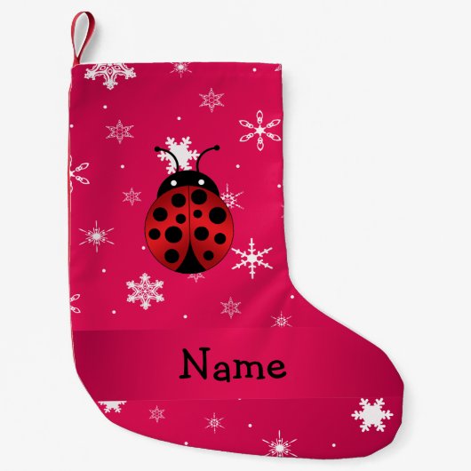Personalized name ladybug pink snowflakes スモールクリスマスストッキング (正面)