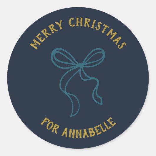 Personalized Name Merry Christmas Bow ラウンドシール (正面)