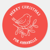 Personalized Name Merry Christmas Robin ラウンドシール (正面)