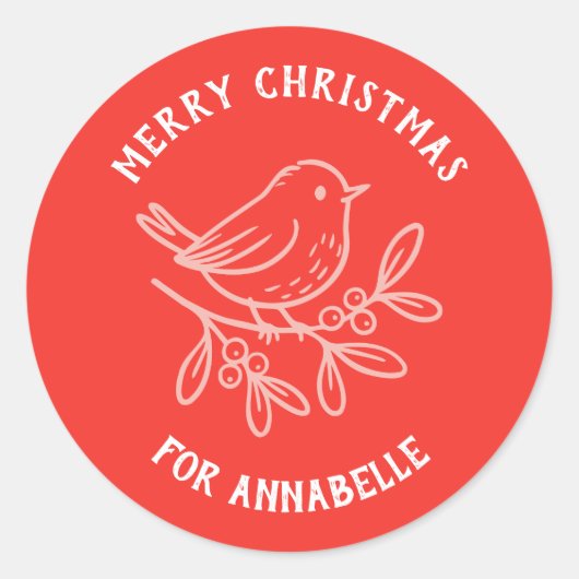 Personalized Name Merry Christmas Robin ラウンドシール (正面)
