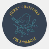 Personalized Name Merry Christmas Robin ラウンドシール (正面)