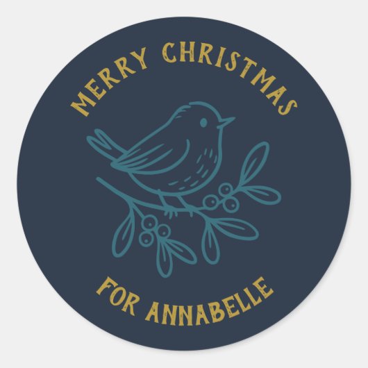 Personalized Name Merry Christmas Robin ラウンドシール (正面)