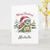 Personalized Name Merry Christmas Turtle in Santa  カード (黄色い花)