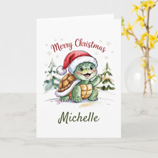 Personalized Name Merry Christmas Turtle in Santa  カード (黄色い花)
