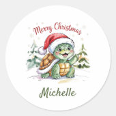 Personalized Name Merry Christmas Turtle in Santa  ラウンドシール (正面)