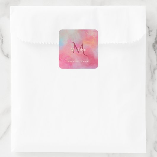 Personalized Name + Monogram Pink Watercolor Ink スクエアシール (バッグ)