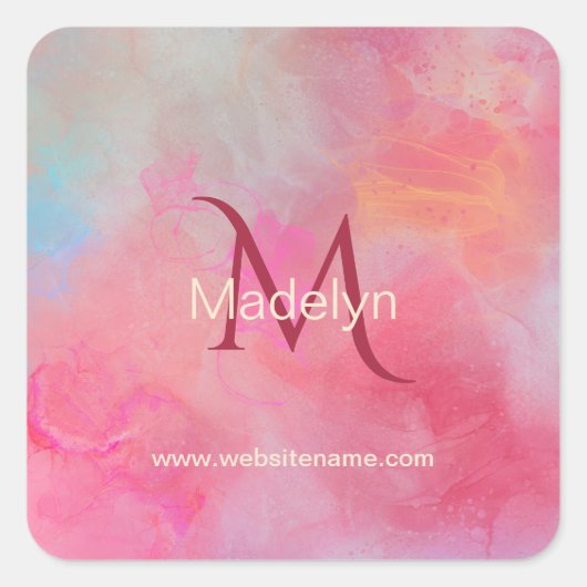 Personalized Name + Monogram Pink Watercolor Ink スクエアシール (正面)