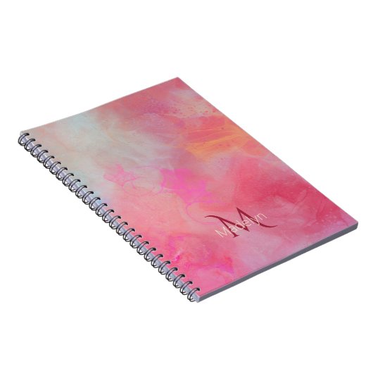 Personalized Name + Monogram Pink Watercolor Ink ノートブック (右側)