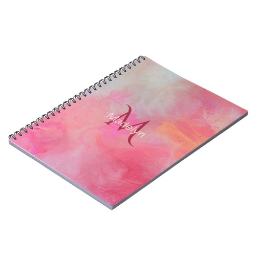 Personalized Name + Monogram Pink Watercolor Ink ノートブック (左側)