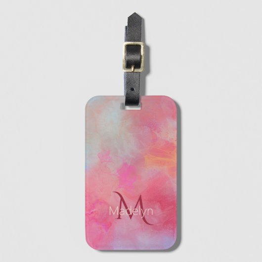 Personalized Name + Monogram Pink Watercolor Ink ラゲッジタグ (正面縦)