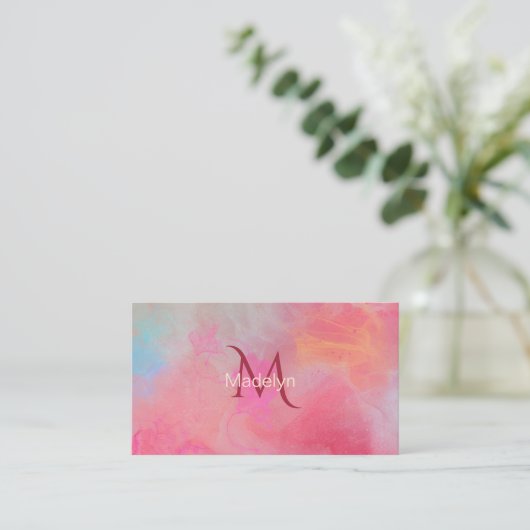 Personalized Name + Monogram Pink Watercolor Ink 名刺 (スタンド正面)