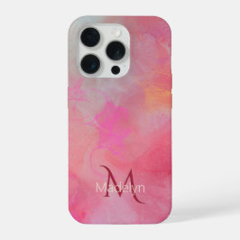 Personalized Name + Monogram Pink Watercolor Ink iPhone 15 Proケース