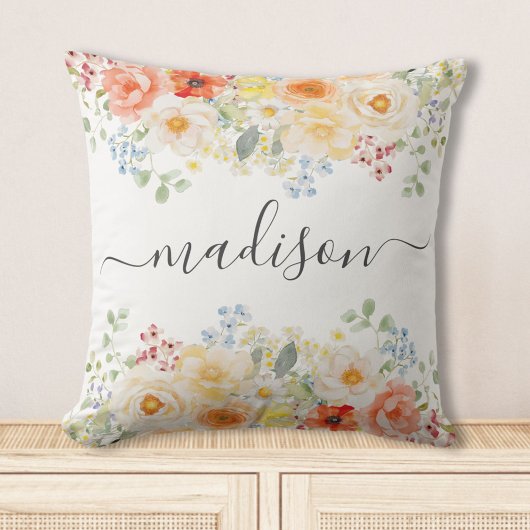 Personalized Name Monogram Watercolor Sunny Floral クッション