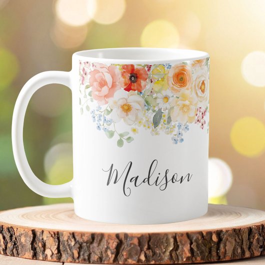 Personalized Name Monogram Watercolor Sunny Floral コーヒーマグカップ