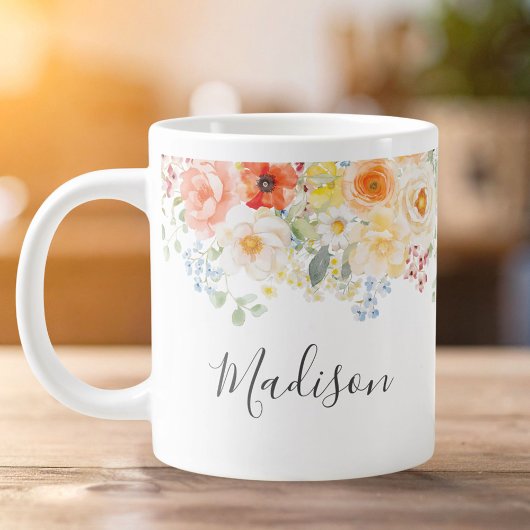 Personalized Name Monogram Watercolor Sunny Floral ジャンボコーヒーマグカップ