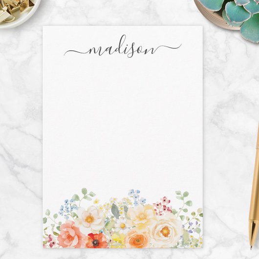 Personalized Name Monogram Watercolor Sunny Floral ノートカード