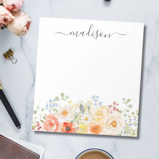 Personalized Name Monogram Watercolor Sunny Floral ノートパッド