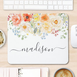 Personalized Name Monogram Watercolor Sunny Floral マウスパッド