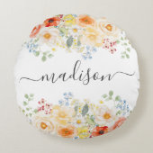 Personalized Name Monogram Watercolor Sunny Floral ラウンドクッション (正面)
