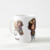 Personalized Name & N Sleepy Morning Plaid Charact コーヒーマグカップ (正面左)