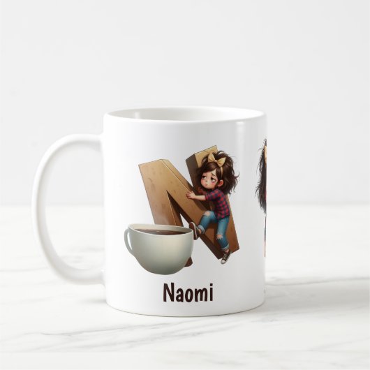 Personalized Name & N Sleepy Morning Plaid Charact コーヒーマグカップ (左)