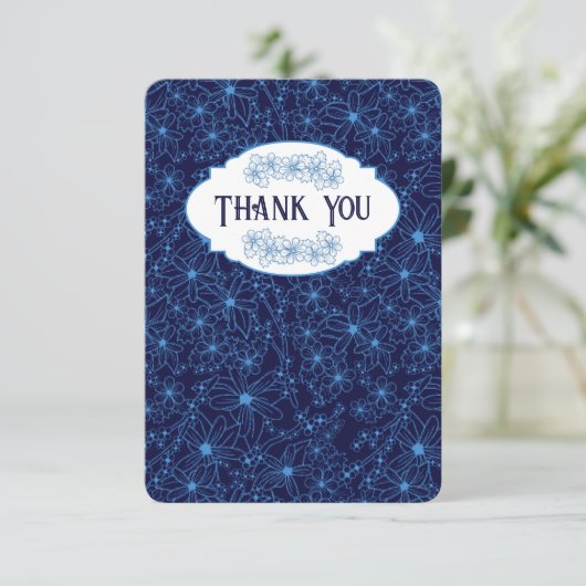 Personalized Name Navy Blue Floral Pattern, Blank サンキューカード (スタンド正面)