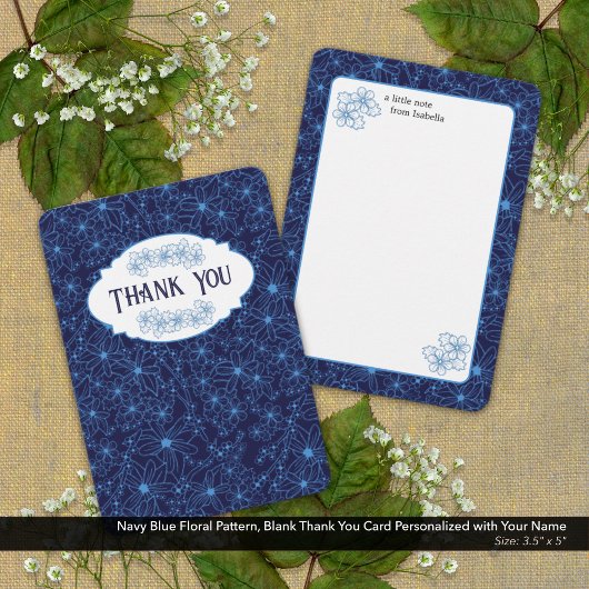 Personalized Name Navy Blue Floral Pattern, Blank サンキューカード