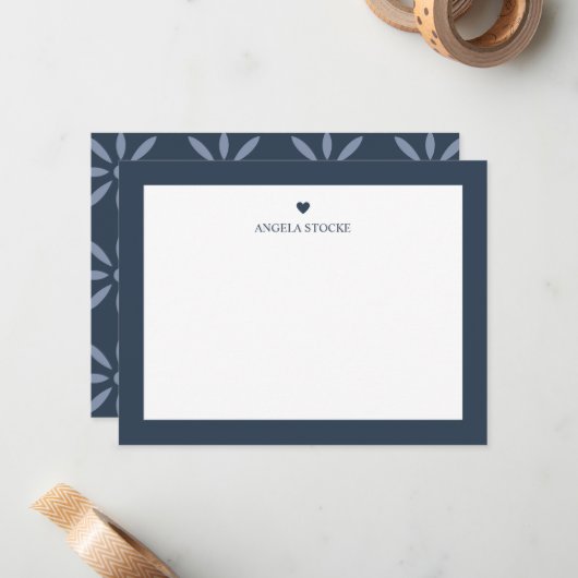 Personalized Name Navy Blue Heart Note Card ノートカード (正面/裏面インサイチュ)