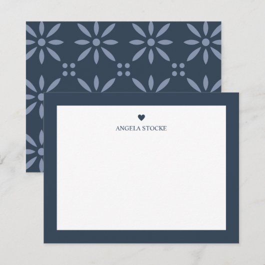 Personalized Name Navy Blue Heart Note Card ノートカード (正面/裏面)