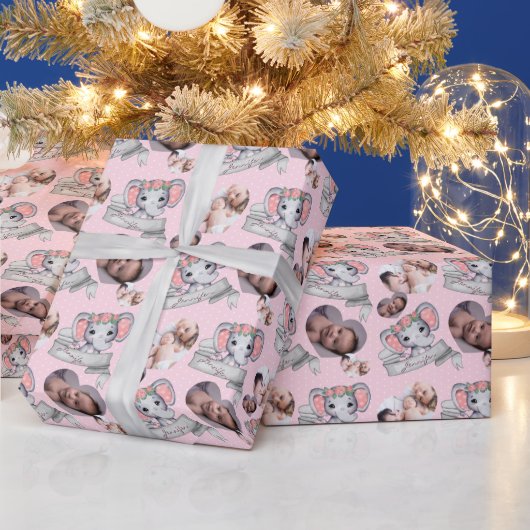 Personalized Name & Photo Elephant Baby Girl Pink ラッピングペーパー (クリスマス)