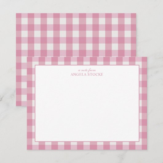 Personalized Name Pink Gingham ノートカード (正面/裏面)