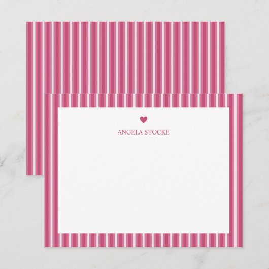 Personalized Name Pink Stripe Heart ノートカード (正面/裏面)