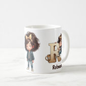 Personalized Name & R Sleepy Morning Plaid Charact コーヒーマグカップ (正面右)