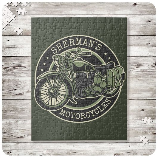 Personalized NAME Retro Military Motorcycle Biker ジグソーパズル