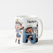 Personalized  Name Sailor Cartoon Character * N * コーヒーマグカップ (正面右)