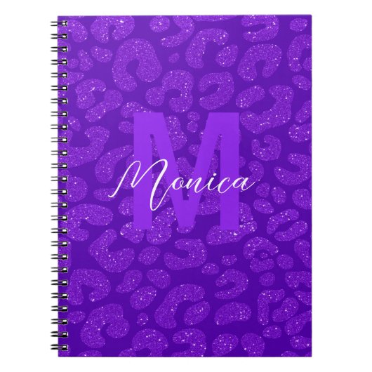 Personalized Name Stylish Purple Glitter Leopard  ノートブック (正面)