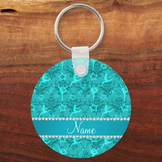 Personalized name turquoise damask gymnastics キーホルダー (正面)