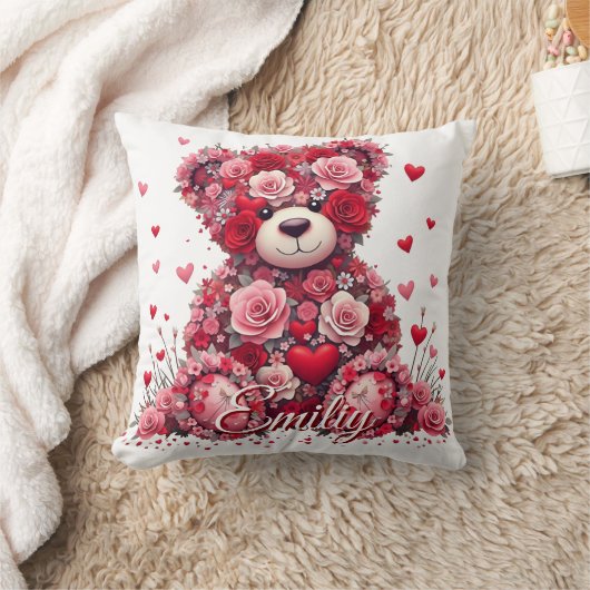 Personalized Name Valentine’s Day Floral Bear  クッション (ブランケット)