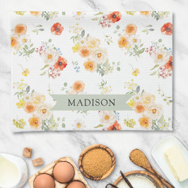 Personalized Name Watercolor Sunny Floral Pattern キッチンタオル
