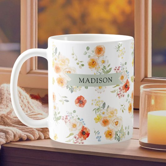 Personalized Name Watercolor Sunny Floral Pattern コーヒーマグカップ
