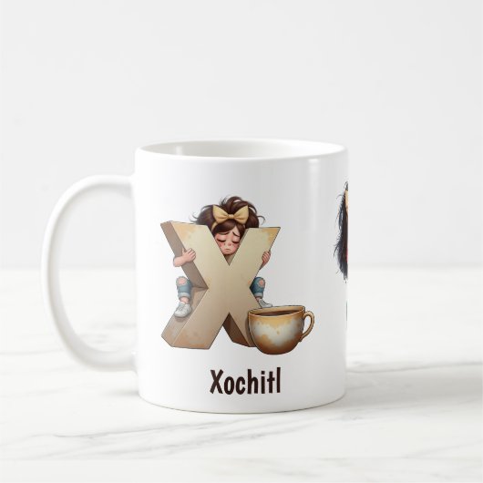 Personalized Name & X Sleepy Morning Plaid Charact コーヒーマグカップ (左)