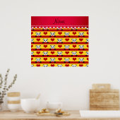 Personalized name yellow panda red heart stripes ポスター (キッチン)