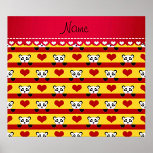 Personalized name yellow panda red heart stripes ポスター