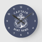 Personalized Nautical Captain Boat Name Anchor ラウンド壁時計 (正面)