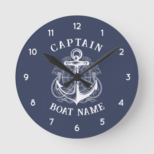 Personalized Nautical Captain Boat Name Anchor ラウンド壁時計 (正面)